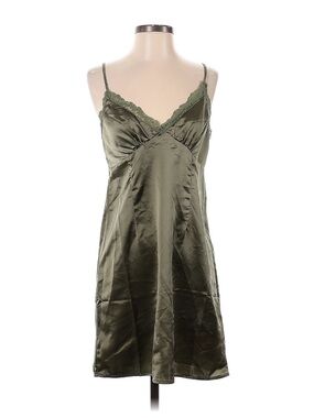 Divided Olive Green Satin Lace-Trim Mini Slip Dress